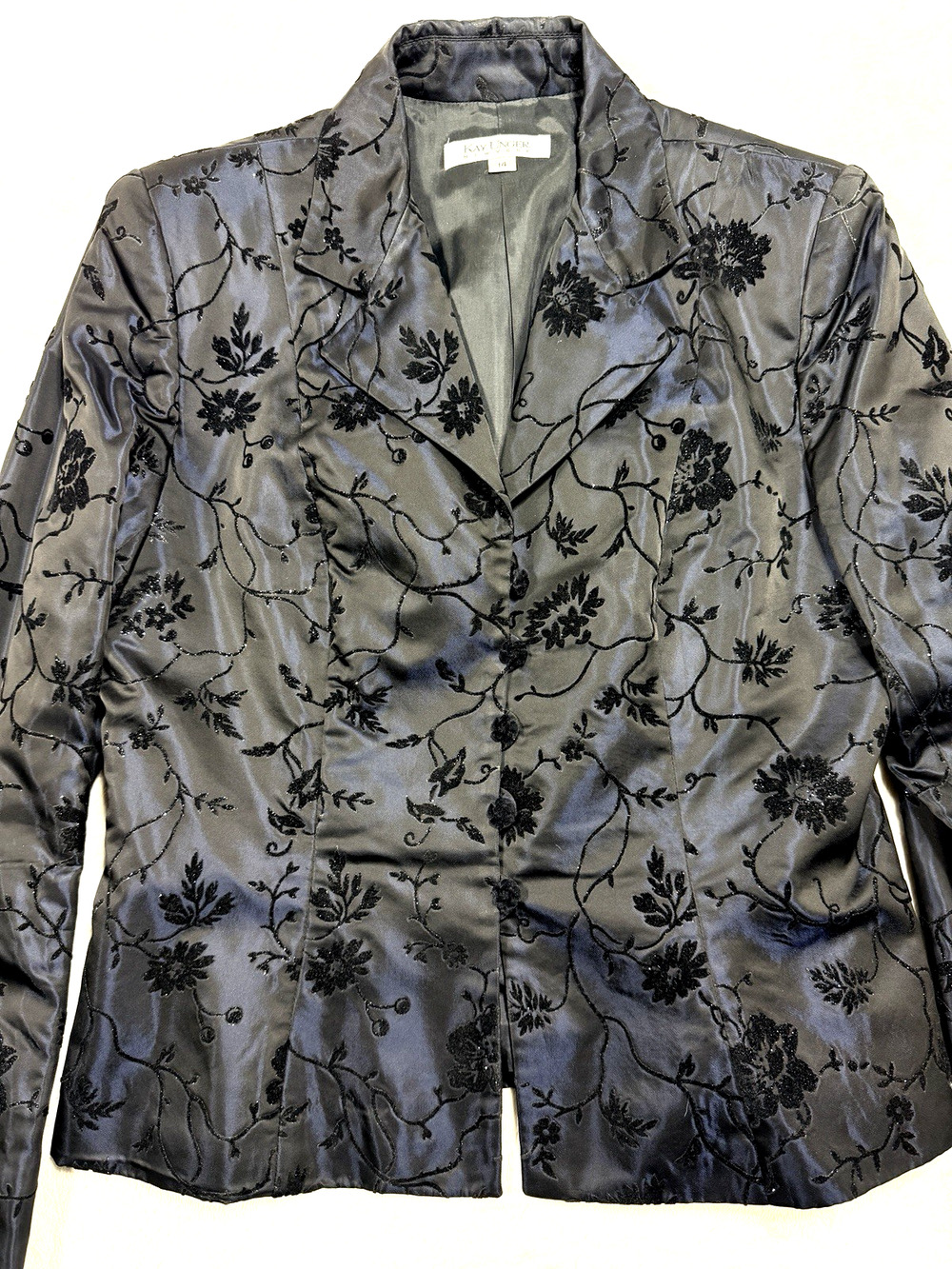 VTG Kay Unger Iridescent Black Floral Velvet Jacquard Blazer Whimsigoth US SZ 14